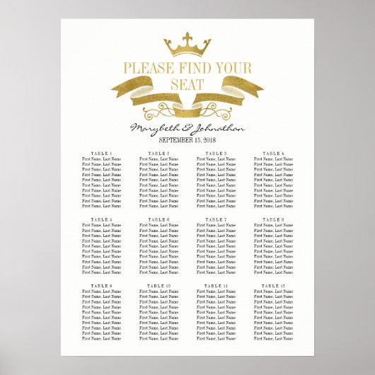 Classic Gold Crest Wedding Seding Chart Sign Poster (Voorkant)