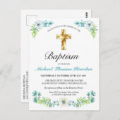 Classic Gold Cross Boy's Blue Baptism uitnodiging (Voorkant / Achterkant)