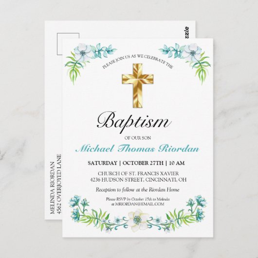 Classic Gold Cross Boy's Blue Baptism uitnodiging (Voorkant / Achterkant)