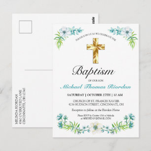 Classic Gold Cross Boy's Blue Baptism uitnodiging
