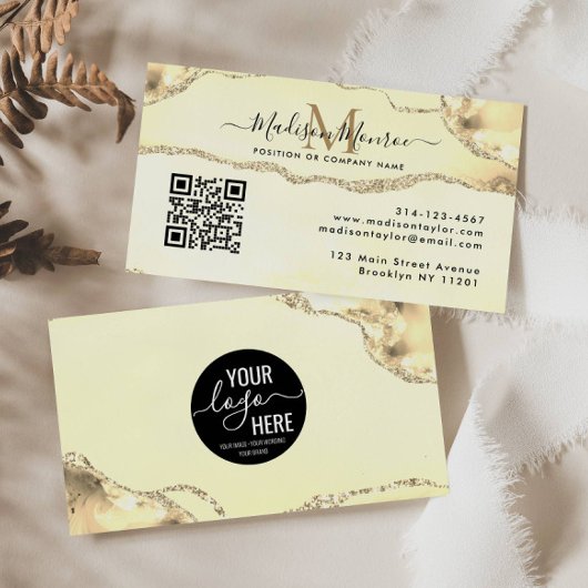Classic Gold Custom Logo QR Code Agate Monogram Visitekaartje
