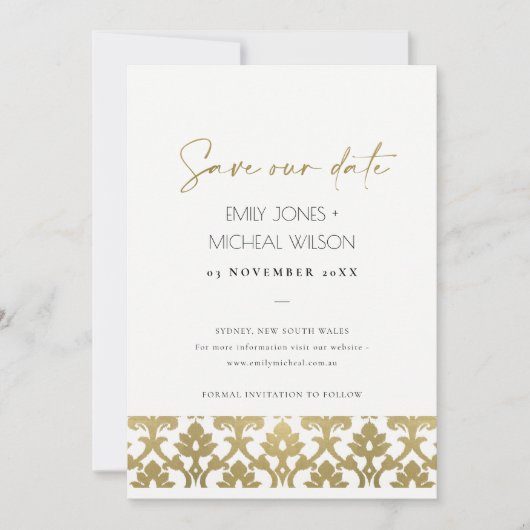 CLASSIC GOLD DAMASK FLORAL PATTERN BEWAREN DE DATU SAVE THE DATE (Voorkant)