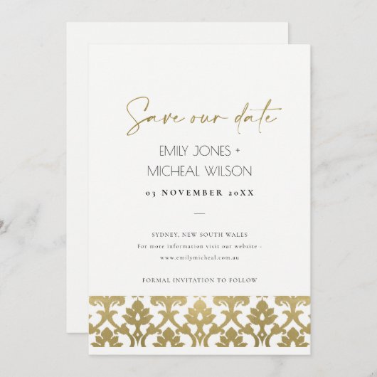 CLASSIC GOLD DAMASK FLORAL PATTERN BEWAREN DE DATU SAVE THE DATE (Voorkant / Achterkant)