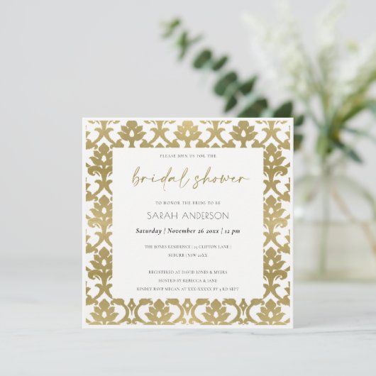 CLASSIC GOLD DAMASK FLORAL PATTERN VRIJGEZELLENFEE KAART (Staand voorkant)