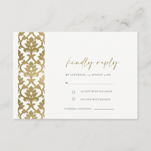 CLASSIC GOLD DAMASK FLORAL PATTERN WEDDING RSVP INFORMATIEKAARTJE (Voorkant)