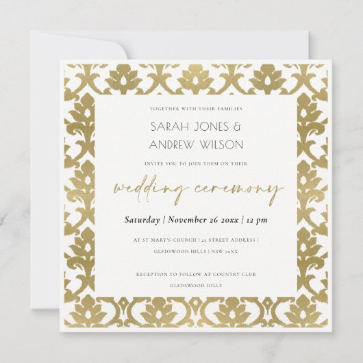 CLASSIC GOLD DAMASK FLORAL PATTERN WEDING KAART (Voorkant)