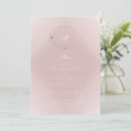 Classic Gold Dusty Roos Pink Monogram Weddenschap Menu (Staand voorkant)