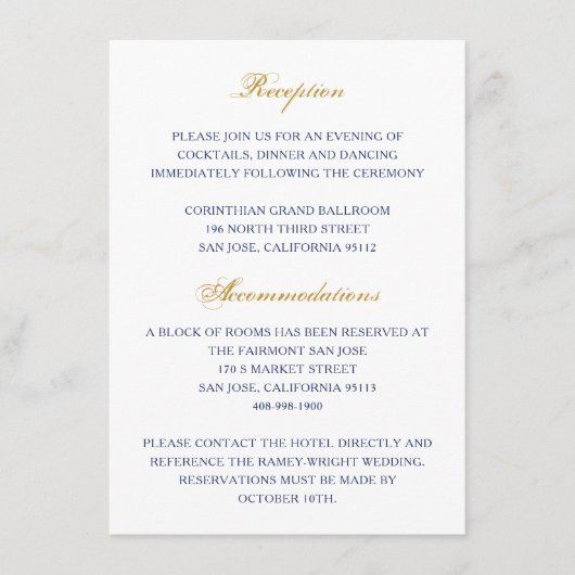 Classic Gold en Navy Wedding Enclosure Kaart (Voorkant)