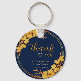 Classic Gold Floral Navy Blue Weddenschap Hartelij Sleutelhanger