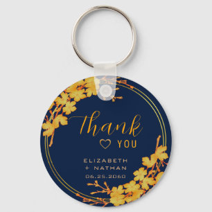 Classic Gold Floral Navy Blue Weddenschap Hartelij Sleutelhanger