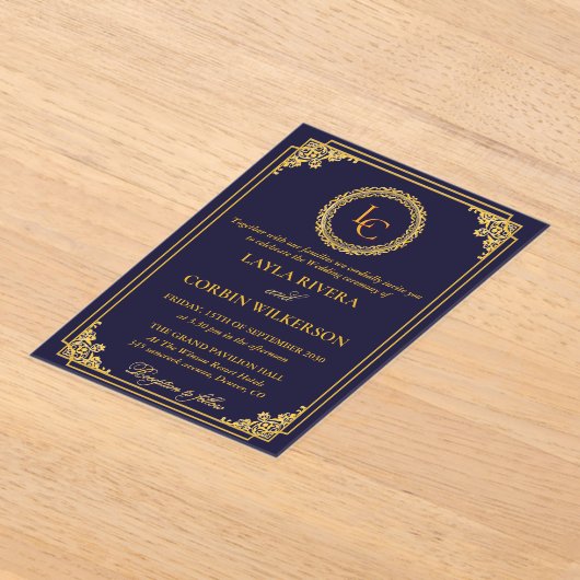 Classic Gold Frame Royal Monogram Wedding Acryl Uitnodigingen (Laagn)