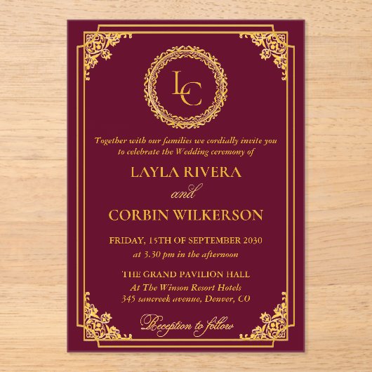 Classic Gold Frame Royal Monogram Wedding Acryl Uitnodigingen (Voorkant)