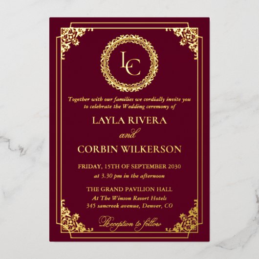 Classic Gold Frame Royal Monogram Wedding Folie Uitnodiging (Voorkant)