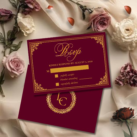 Classic Gold Frame Royal Monogram Wedding RSVP Kaartje