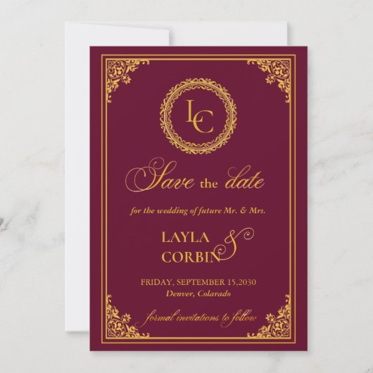 Classic Gold Frame Royal Monogram Wedding Save The Date (Voorkant)