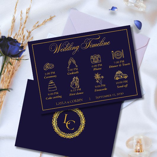 Classic Gold Frame Royal Monogram Wedding Timeline Informatiekaartje