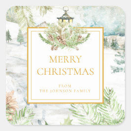 Classic Gold Merry Waterverf Snow Scene Vierkante Sticker