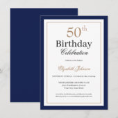 Classic Gold Navy Blue 50th Birthday Party Kaart (Voorkant / Achterkant)