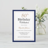 Classic Gold Navy Blue 50th Birthday Party Kaart (Staand voorkant)