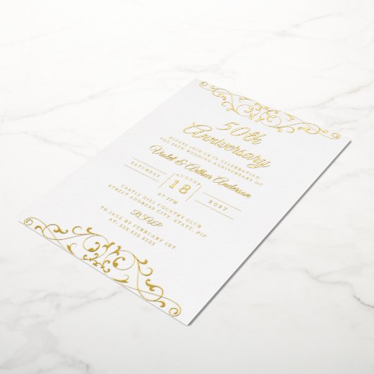 Classic Gold White Swirl 50ste bruiloft Jubileum Folie Uitnodiging (Gedraaid)