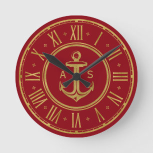Classic Golden Anchor   Nautisch rood Ronde Klok