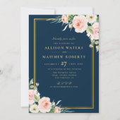 Classic Goud Lijst Roze Blush Bloemen Navy Wedding Kaart (Voorkant)