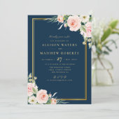 Classic Goud Lijst Roze Blush Bloemen Navy Wedding Kaart (Staand voorkant)
