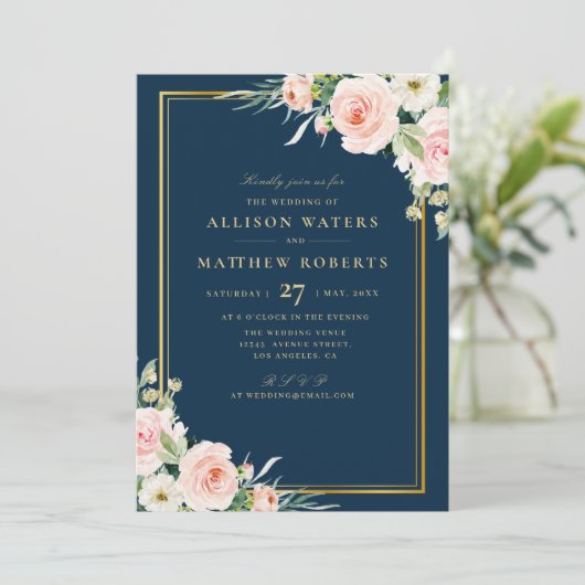 Classic Goud Lijst Roze Blush Bloemen Navy Wedding Kaart (Staand voorkant)