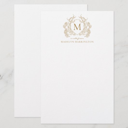 Classic Gouden Bloemen Crest Monogram Briefpapier (Voorkant / Achterkant)