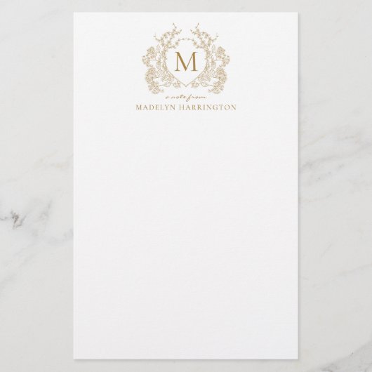 Classic  Gouden Bloemen  Crest Monogram Briefpapier (Voorkant)