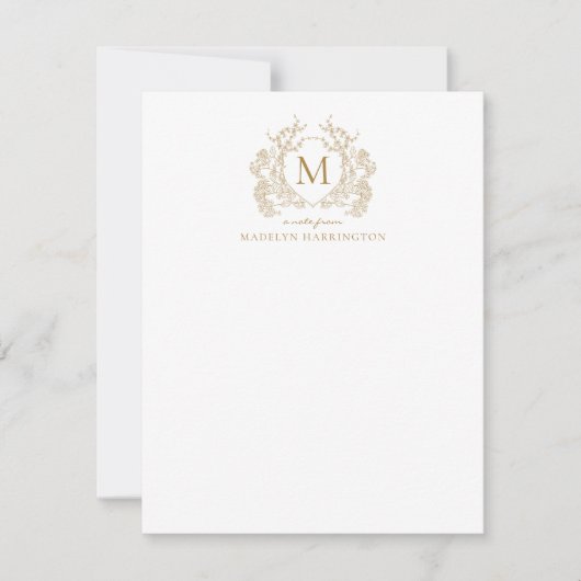 Classic  Gouden Bloemen  Crest Monogram Notitiekaartje (Voorkant)