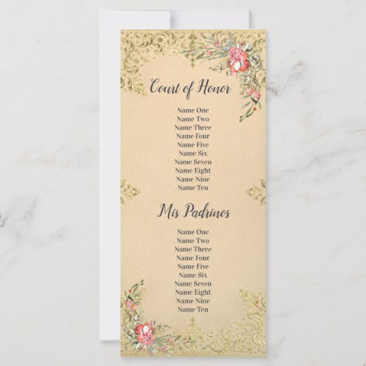 Classic Gouden Bloemen Quinceañera Programma (Achterkant)