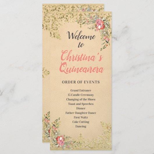 Classic Gouden Bloemen Quinceañera Programma (Voorkant / Achterkant)