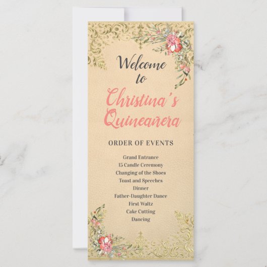 Classic  Gouden Bloemen Quinceañera Programma (Voorkant)
