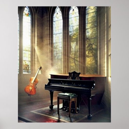 Classic Grand Piano en cello in een kerkaltaar Poster (Voorkant)