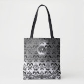CLASSIC GRAY BLACK WHITE DAMASK GEMSTONE MONOGRAM TOTE BAG (Voorkant)
