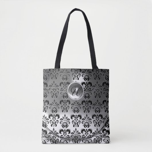 CLASSIC GRAY BLACK WHITE DAMASK GEMSTONE MONOGRAM TOTE BAG (Voorkant)