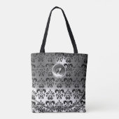 CLASSIC GRAY BLACK WHITE DAMASK GEMSTONE MONOGRAM TOTE BAG (Achterkant)