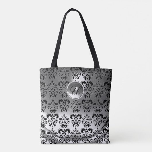 CLASSIC GRAY BLACK WHITE DAMASK GEMSTONE MONOGRAM TOTE BAG (Achterkant)