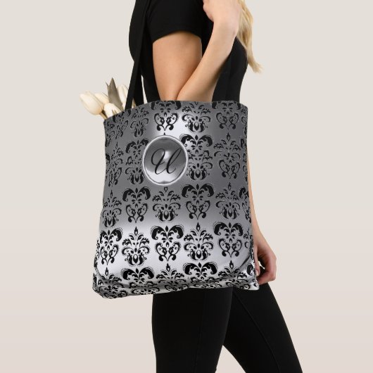CLASSIC GRAY BLACK WHITE DAMASK GEMSTONE MONOGRAM TOTE BAG (Dichtbij)
