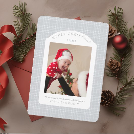 Classic Gray Plaid Christmas Card Feestdagenkaart