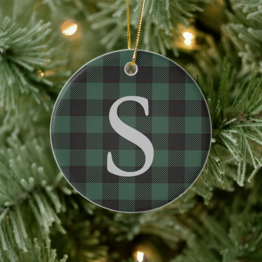 Classic Green Black Buffalo Tartan Pset Monogram Keramisch Ornament (Boom)