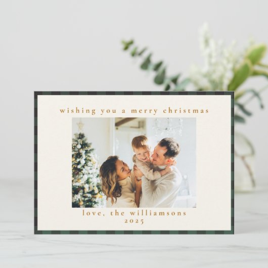 Classic Green Black Tartan Pset 1 Photo Merry Feestdagenkaart (Staand voorkant)