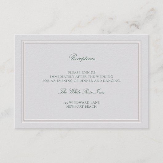 Classic Green Elevated Ivory Wedding Reception Informatiekaartje (Voorkant)
