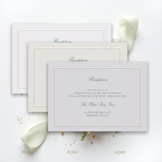 Classic Green Elevated Ivory Wedding Reception Informatiekaartje
