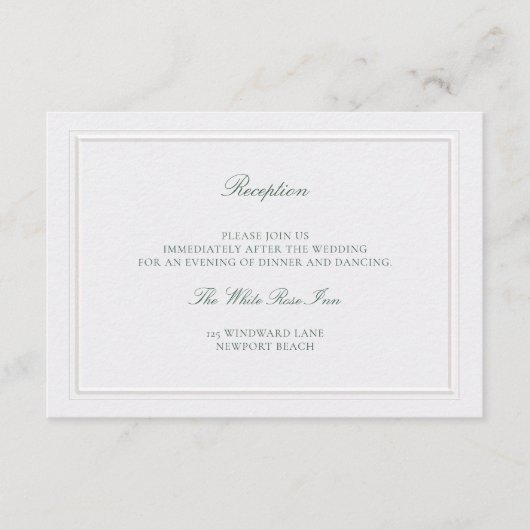 Classic Green Elevated Pearl Wedding Reception Informatiekaartje (Voorkant)
