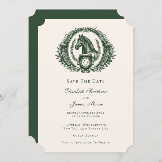 Classic Green Equestrian Monogram Crest Weddenscha Save The Date (Voorkant / Achterkant)