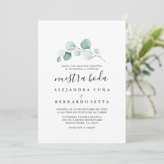 Classic Green Eucalyptus Calligraphy Nuestra Boda Kaart (Staand voorkant)