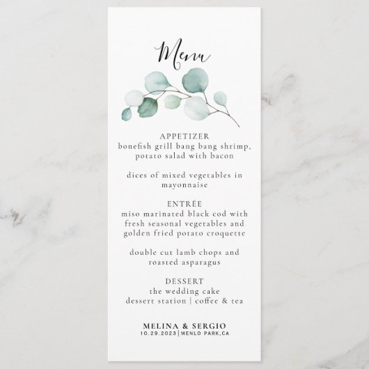Classic Green Eucalyptus Calligraphy Wedding Menu (Voorkant)