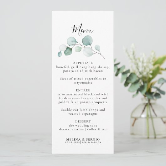 Classic Green Eucalyptus Calligraphy Wedding Menu (Staand voorkant)